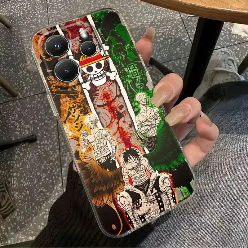 Transparent shockproof phone case with vibrant multicolored one piece luffy zoro anime skull design back side