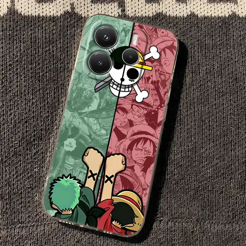 Transparent shockproof phone case with green and red anime art and straw hat pirates skull for one piece luffy zoro phone