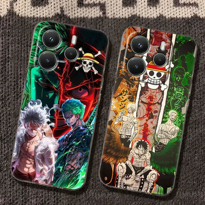 Two vibrant glossy shockproof phone cases featuring detailed piece luffy zoro anime artwork for protection