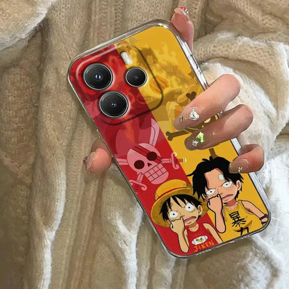 Vibrant red and yellow transparent shockproof piece luffy zoro phone case with skull and crossbones emblem on back side