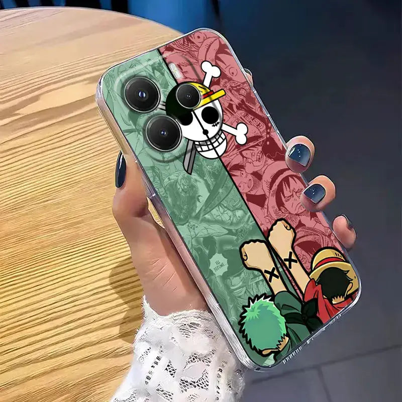 Back view of a vibrant green and red shockproof one piece luffy zoro phone case featuring anime artwork and skull emblem