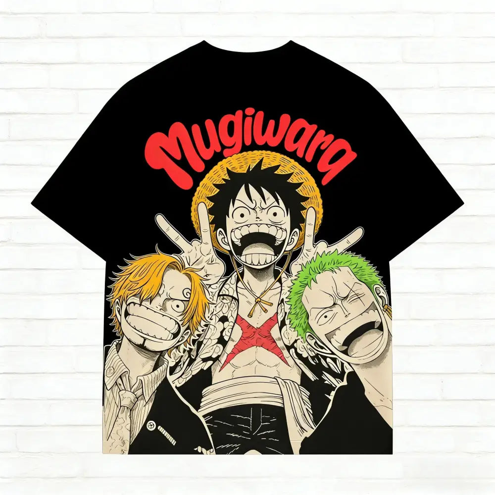 Black short sleeves one piece luffy zoro sanji tee with bold mugiwara graphic for everyday style and matching family