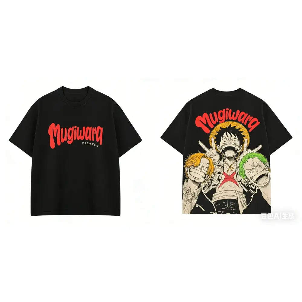 Black short sleeves one piece luffy zoro sanji tee with bold mugiwara pirates logo front and anime graphic back for everyday style