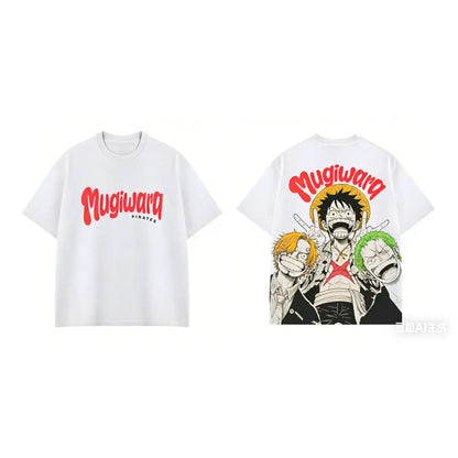 White one piece luffy zoro sanji tee with red mugiwara logo front and vibrant back graphic for everyday style short sleeves