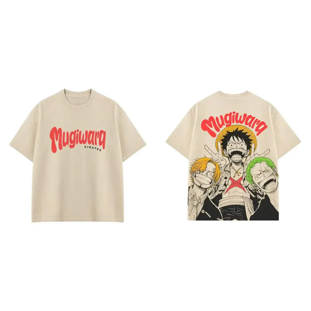 Beige one piece luffy zoro sanji short sleeves tee with bold red mugiwara pirates logo and character graphic on back for everyday style