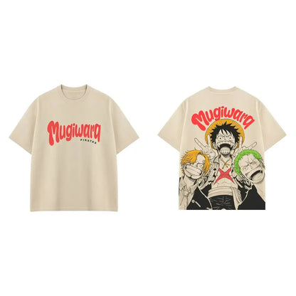 Beige one piece luffy zoro sanji short sleeves tee with bold red mugiwara pirates logo and character graphic on back for everyday style