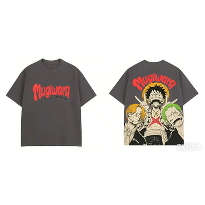 Dark gray short sleeves crewneck tee with bold red mugiwara pirates text front and anime characters back for everyday style