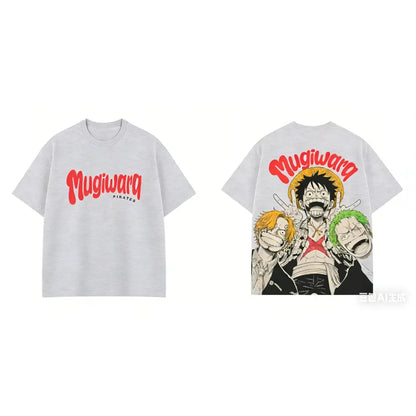 Light gray cotton one piece luffy zoro sanji short sleeves tee with bold red mugiwara pirates text and back full-color crew illustration ideal for everyday style and matching family