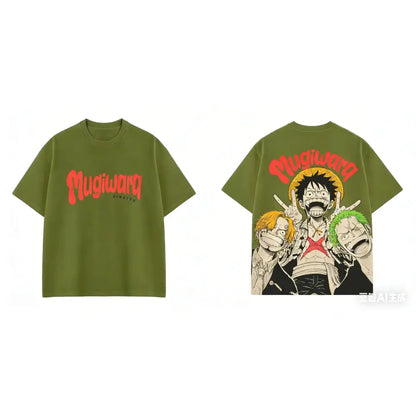 Olive green short sleeves one piece luffy zoro sanji tee with bold red mugiwara logo for everyday style