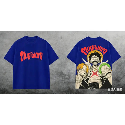 Royal blue one piece luffy zoro sanji tee with bold red mugiwara lettering front and anime graphic back for everyday style short sleeves