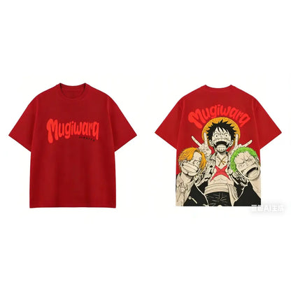 Red short sleeves one piece luffy zoro sanji tee with bold orange mugiwara logo and anime graphic for everyday style