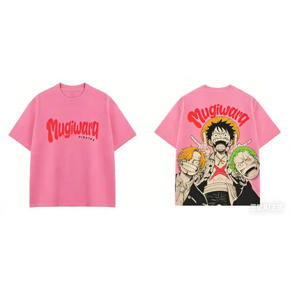 Pink short sleeves one piece luffy zoro sanji tee featuring vibrant mugiwara pirates graphic for everyday style