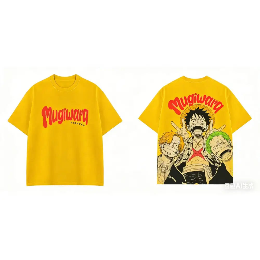 Yellow short sleeves one piece luffy zoro sanji tee with bold red mugiwara pirates logo and anime graphic for everyday style