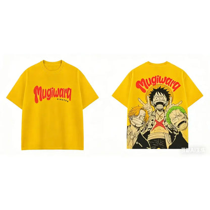 Yellow short sleeves one piece luffy zoro sanji tee with bold red mugiwara pirates logo and anime graphic for everyday style