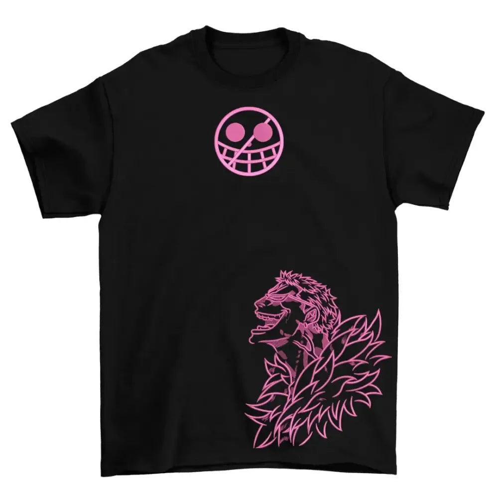 Black short-sleeved cotton t-shirt featuring a pink glowing straw hat pirates logo and stylized lion head design