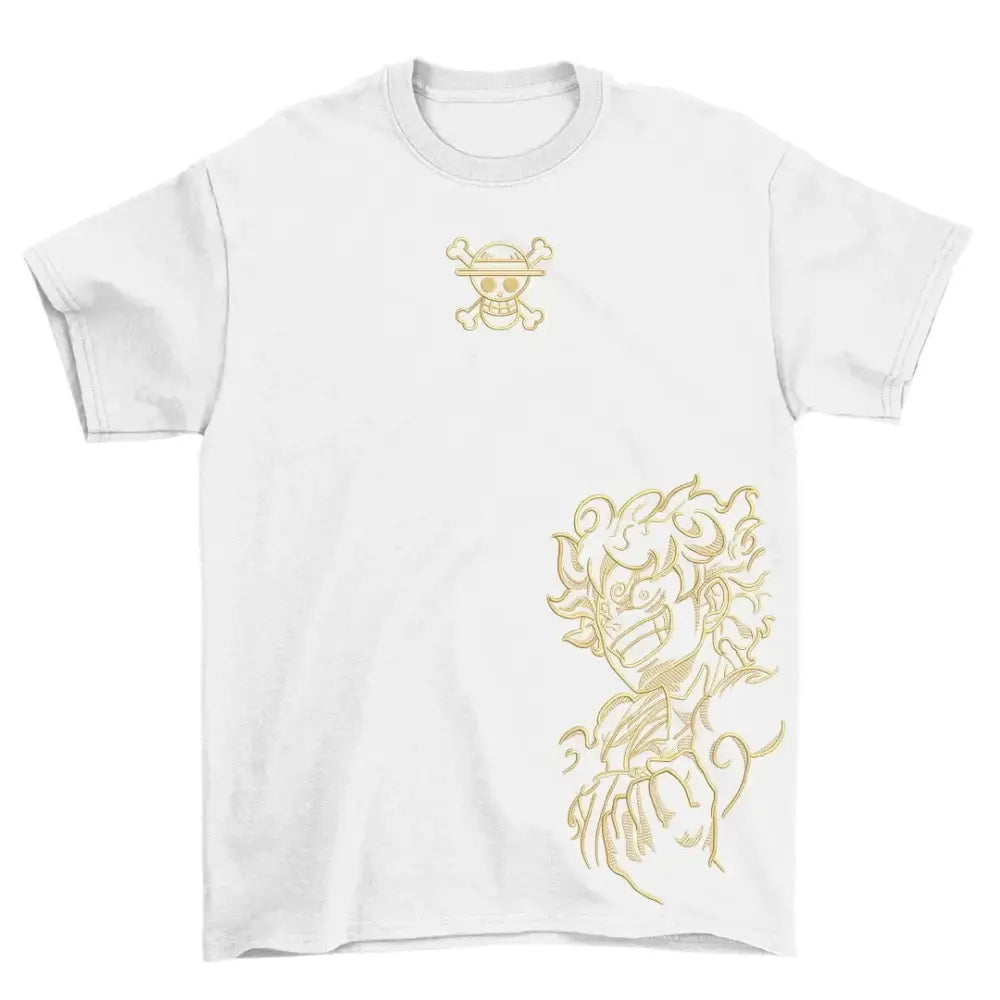 White cotton one piece luffy and zoro skull pirate t-shirt with gold foil straw hat pirates logo and ornate character design