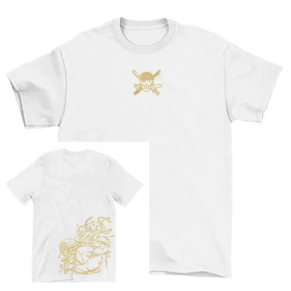 White cotton one piece luffy and zoro skull pirate t-shirt with gold foil straw hat pirates logo on front and golden back design