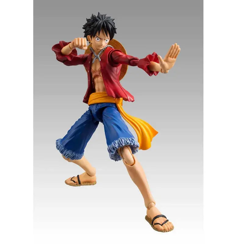 One piece monkey d luffy articulated pvc action figure with red jacket yellow sash and frayed shorts