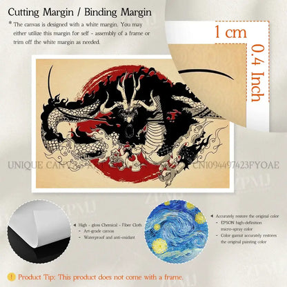 One piece monkey d luffy wall art featuring a detailed black and red dragon on beige canvas with white margin for framing