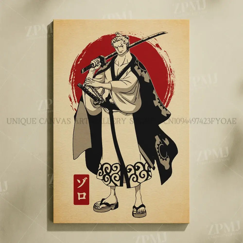 Beige canvas wall art featuring roronoa zoro in traditional japanese attire with black and white patterns on red background