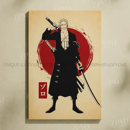 One piece monkey d luffy black and white Sanji canvas wall art with red background featuring swords no frame