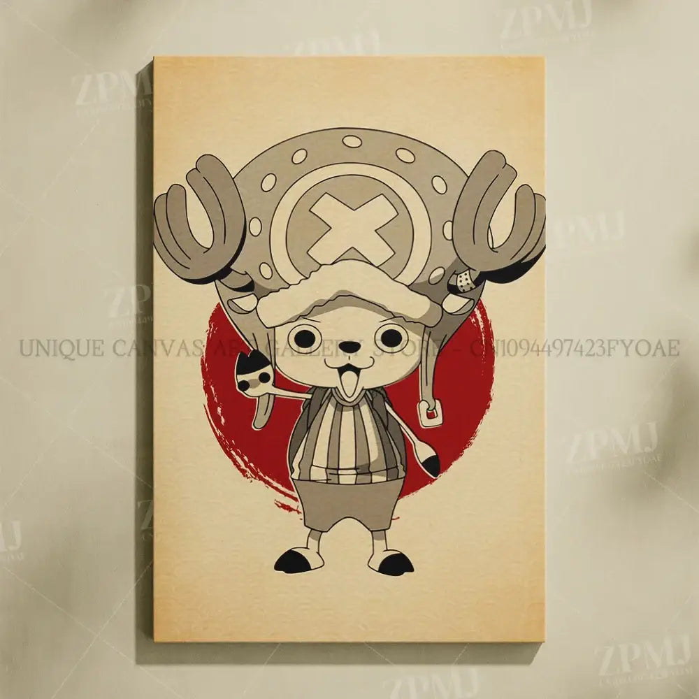 Beige canvas wall art featuring one piece monkey d luffy in gray hat with x emblem and striped clothing no frame