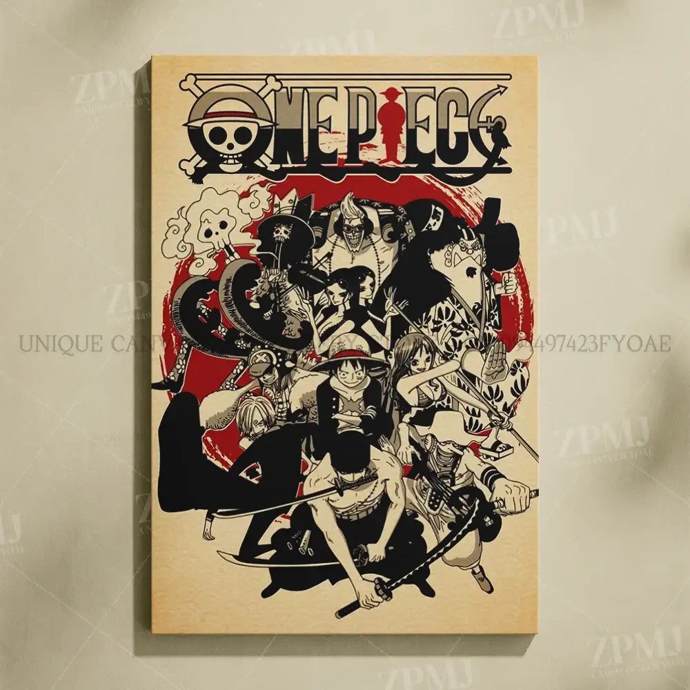 One piece monkey d luffy vintage-style canvas wall art featuring straw hat pirates in black and red on beige background
