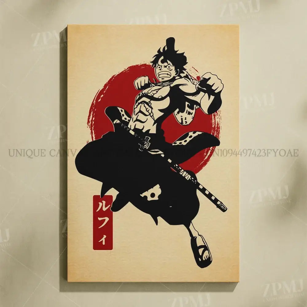 Black-and-white stylized one piece monkey d luffy canvas wall art with red circular background and japanese text on beige surface