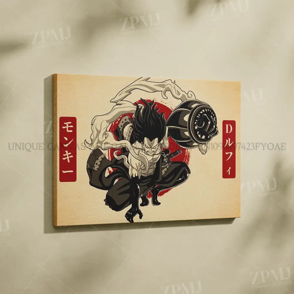 Beige canvas wall art featuring a stylized black and white illustration of monkey d luffy from one piece without frame