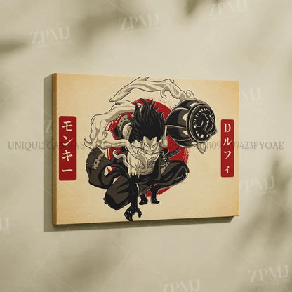 Beige canvas wall art featuring a stylized black and white illustration of monkey d luffy from one piece without frame