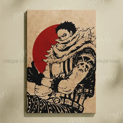 One piece monkey d luffy canvas wall art with black-and-white stylized character and red circle on beige textured canvas