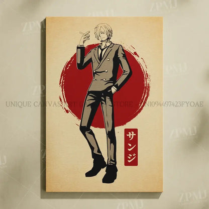 One piece monkey d luffy beige canvas wall art with anime character in dark gray suit and red circular background