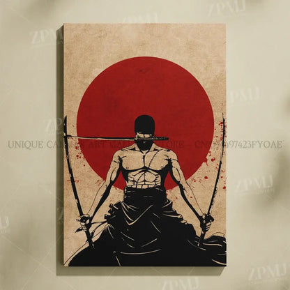 Black and white stylized samurai canvas wall art with two swords and red circular background no frame by one piece monkey d luffy