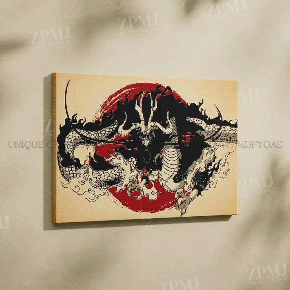 One piece monkey d luffy wall art featuring a black and red dragon illustration on beige canvas with intricate scales