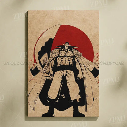 One piece monkey d luffy canvas wall art featuring a black and white anime illustration with a red circular backdrop on beige canvas
