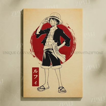 Beige canvas wall art featuring black ink line art of monkey d luffy from one piece no frame