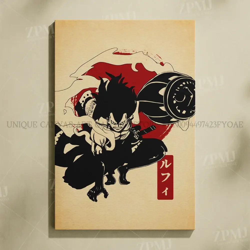 One piece monkey d luffy canvas wall art featuring stylized black and red illustration on beige canvas no frame