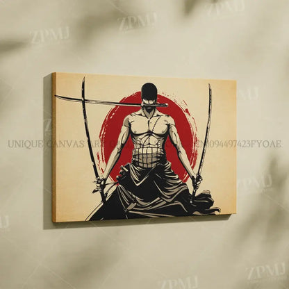 One piece monkey d luffy wall art featuring a black and white masked swordsman with two blades on red background canvas
