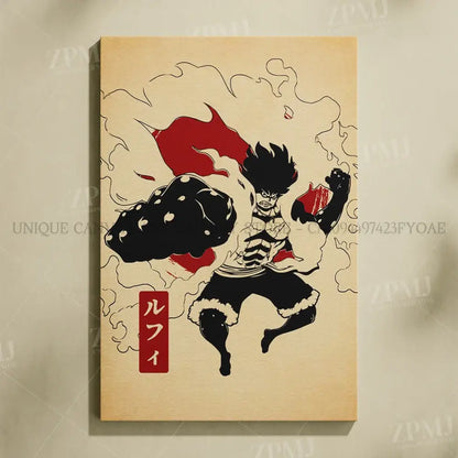 One Piece Monkey D Luffy canvas wall art featuring black and red flames on off-white background no frame