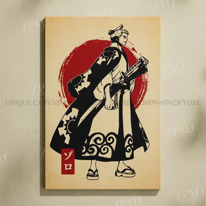 Beige canvas wall art featuring a black and white stylized zoro illustration with a red circular background no frame