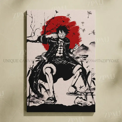 Black and white one piece monkey d luffy canvas wall art with red circular ink backdrop and dandelion seeds no frame