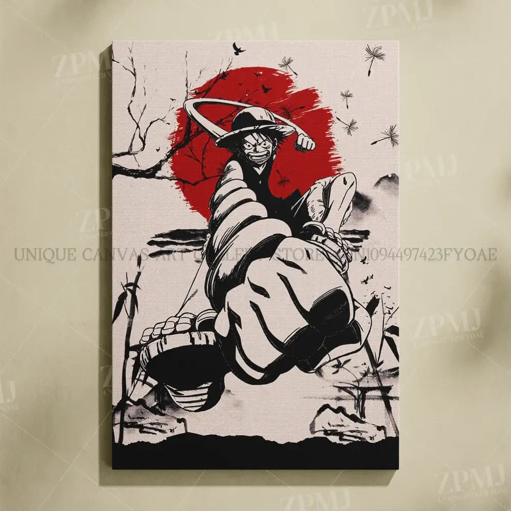 Black-and-white canvas wall art featuring stylized one piece monkey d luffy in dynamic pose with bold red background