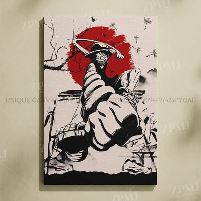 Black-and-white canvas wall art featuring stylized one piece monkey d luffy in dynamic pose with bold red background
