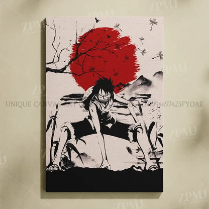 Black-and-white one piece monkey d luffy canvas wall art with spiky hair character and red sun backdrop no frame