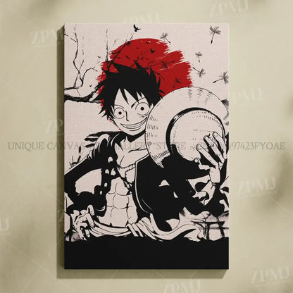 Black-and-white one piece monkey d luffy canvas wall art featuring luffy holding his straw hat with red and black ink splashes