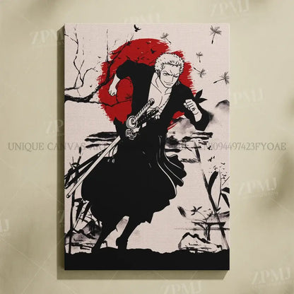 One piece monkey d luffy black and white canvas wall art featuring stylized anime character with swords on red background
