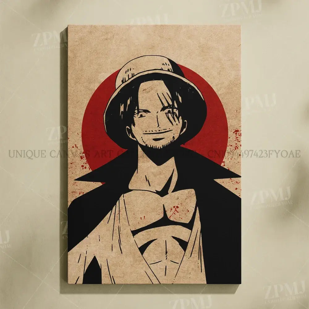 Vintage-style canvas wall art featuring a stylized black and tan illustration of monkey d luffy from one piece