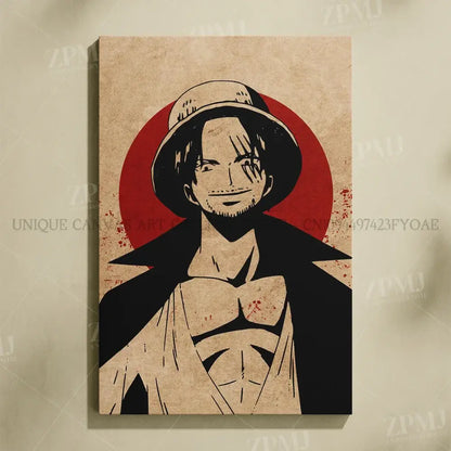 Vintage-style canvas wall art featuring a stylized black and tan illustration of monkey d luffy from one piece