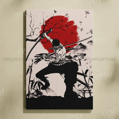 Black-and-white canvas wall art of samurai with two swords against bold red sun for one piece monkey d luffy fans