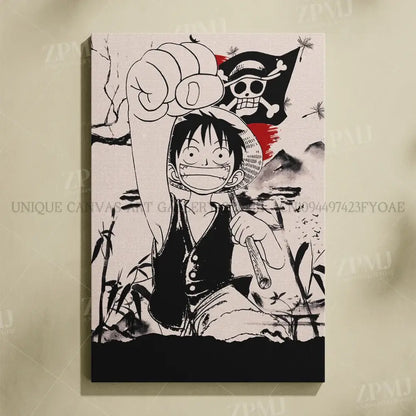 Black-and-white illustrated canvas wall art of monkey d luffy holding a fist and straw hat with skull flag background